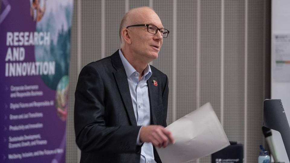 Professor Crispin Coombs introduces the Loughborough Business School research themes launch.